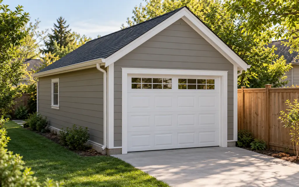 A one-car garage with gray siding and a white overhead door on the gable end, a window on the side wall and a wood fence beside a concrete apron