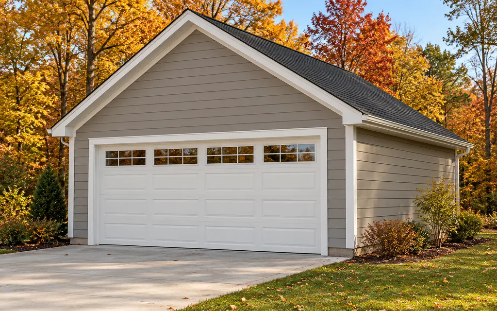 A two-car garage with a wide white overhead door on the gable end of a gray-sided building among autumn trees, on a concrete apron