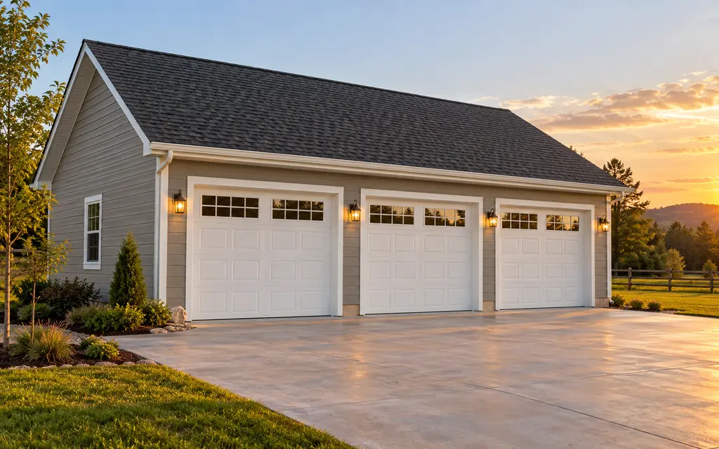 A three-car garage with three white overhead doors and wall lanterns on the long wall, a large concrete apron and a hill at sunset
