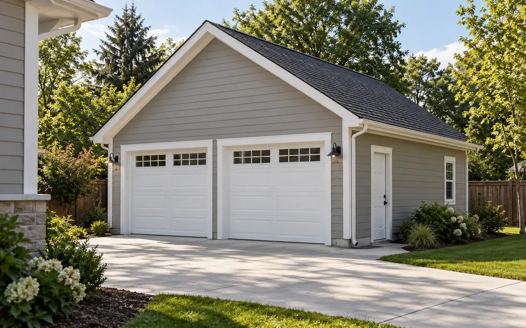 A detached two-car garage with two white overhead doors on the gable end and a walk door on the side, standing apart from a house in the foreground