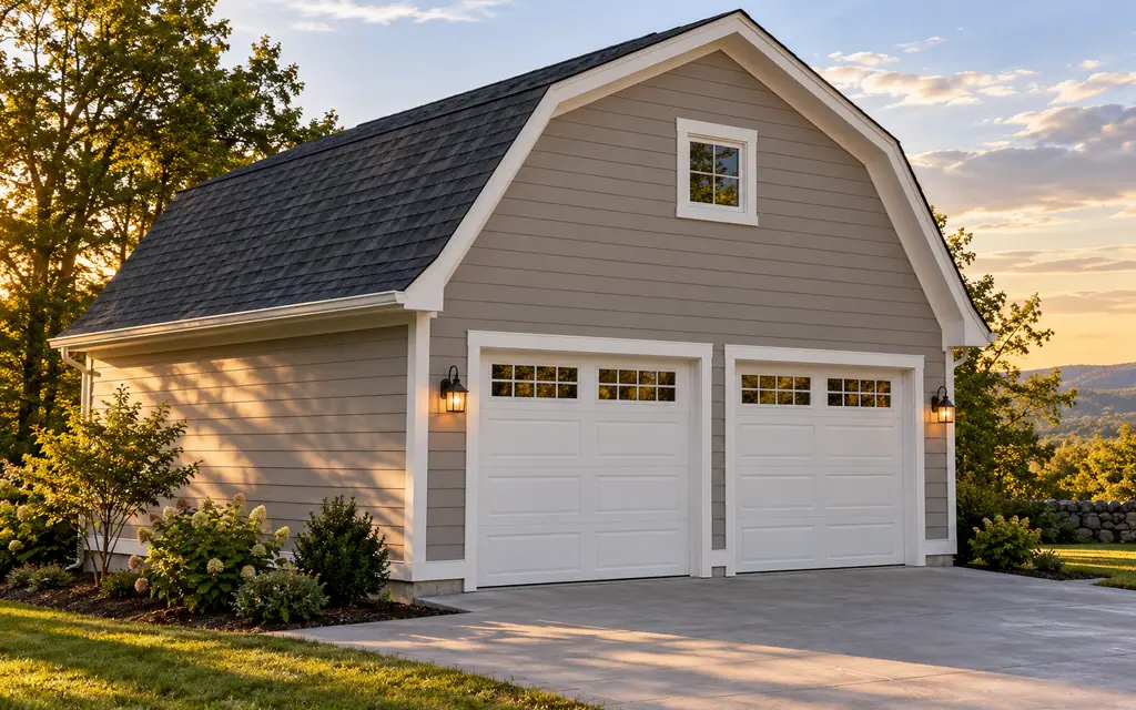 A garage with a gambrel roof, a window in the upper gable and two white overhead doors, lit by evening sun with wall lanterns on
