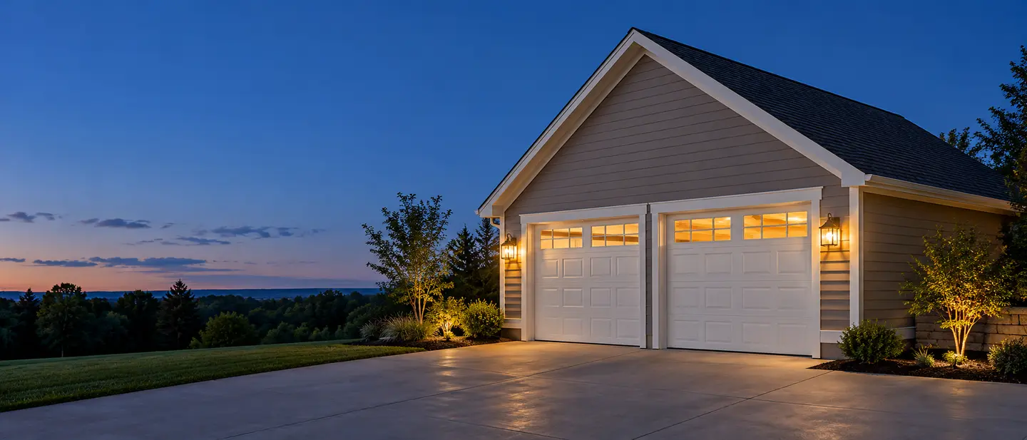 A two-car garage at dusk with its window panes lit warm yellow, wall lanterns on and a concrete apron under a deep blue sky