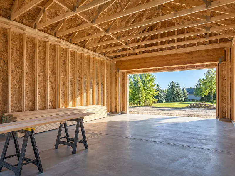 Inside a framed garage: wall studs sheathed in OSB, roof trusses overhead, a large header over the door opening and two sawhorses with a stack of lumber on the slab