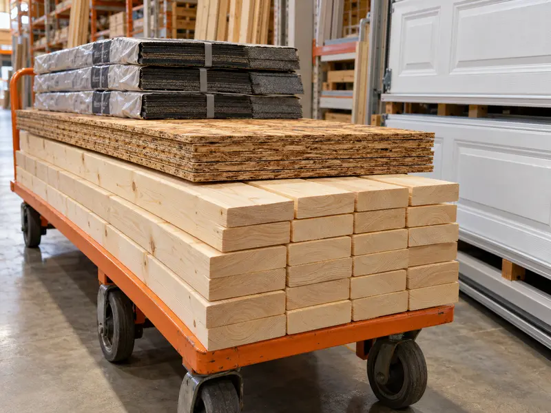 A flatbed cart loaded with stacked 2x4 lumber, OSB sheets and bundles of roof shingles in a lumber aisle, a garage door panel behind it