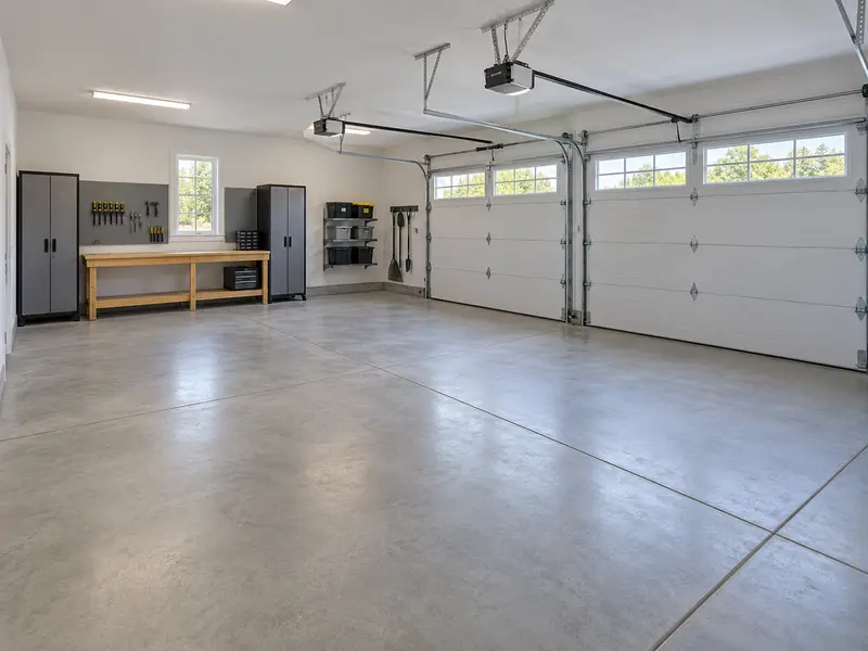An empty two-door garage interior with a polished concrete floor, a workbench and tall cabinets on the back wall and two overhead door openers on the ceiling
