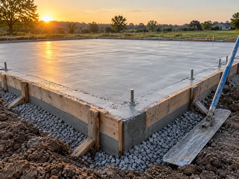 A poured garage slab inside wood forms at sunset with anchor bolts standing in the edge, gravel around the footing and a concrete finishing trowel in the foreground