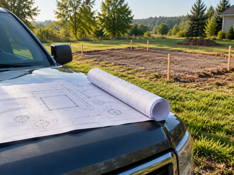 A rolled set of site plans laid on a pickup truck hood, with a staked and string-lined garage site on bare ground behind it