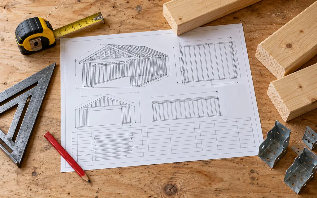 A printed garage framing plan on a workbench with a tape measure, a speed square, a carpenter's pencil, 2x6 lumber and metal framing connectors around it